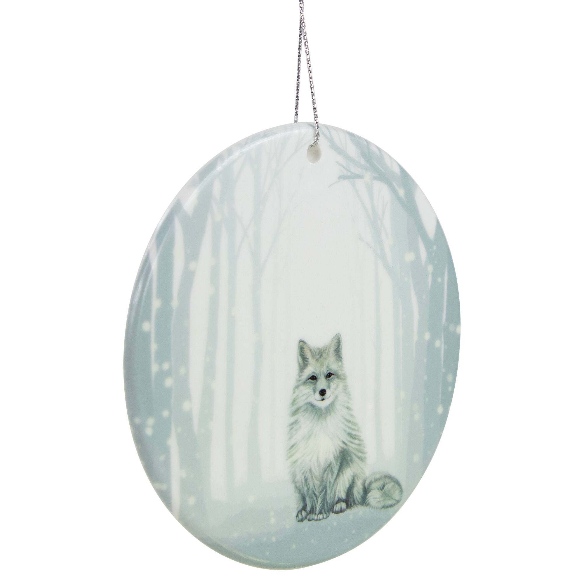 White & Silver Porcelain Arctic Fox Disc Ornament